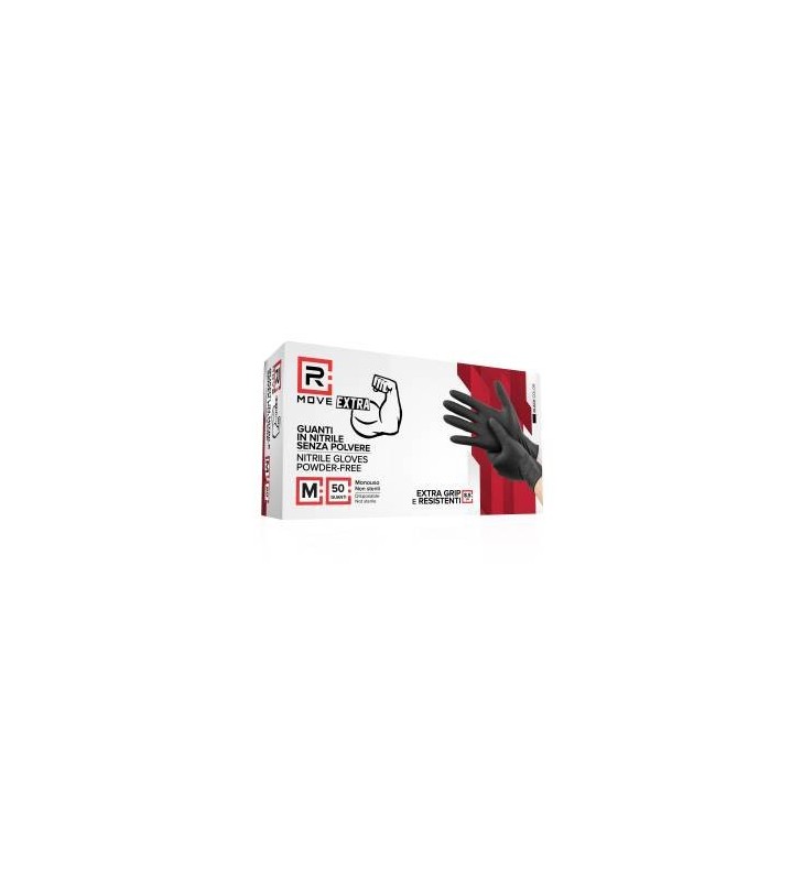 RMove 1Conf. da 50pz Tg.M 8.5gr da Lavoro - Guanti Nitrile Nero Senza Polvere Full Grip